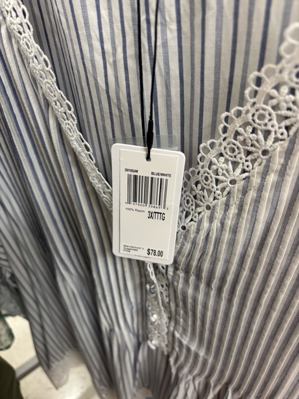 Chelsea & Theodore Blue and White Striped Lace V-Neck Blouse